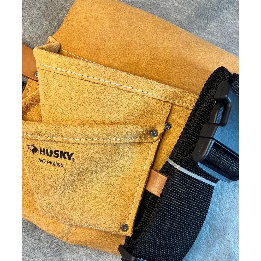 Husky 3 Pocket Nail & Tool Bag With Poly Web Belt Work Heavy Duty Suede Leather
